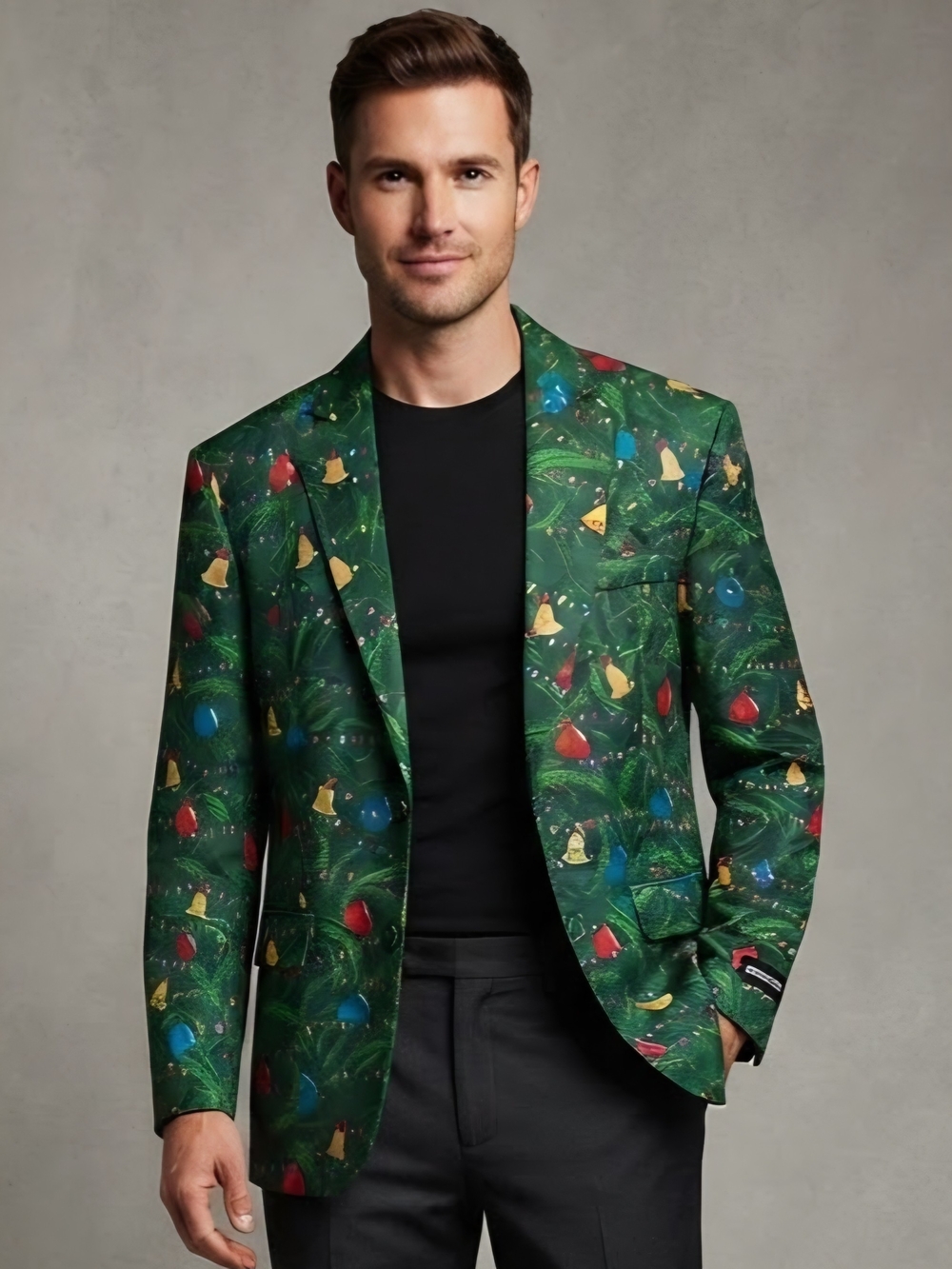 Suutmeister Festive Green Holiday-Print Blazer for Men Size XL